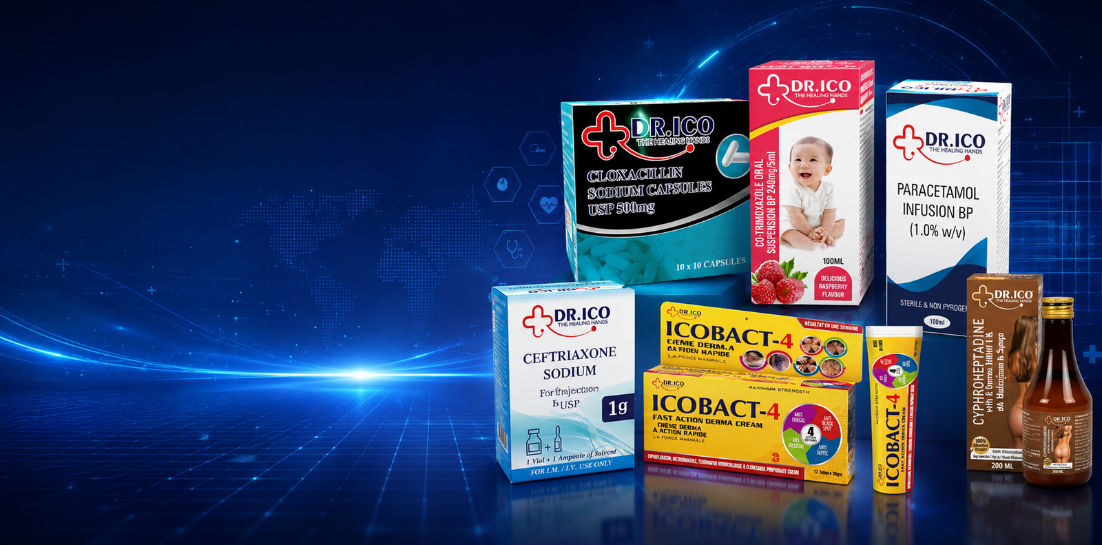 The DoctorIco healthcare product range arranged on a laboratory bench