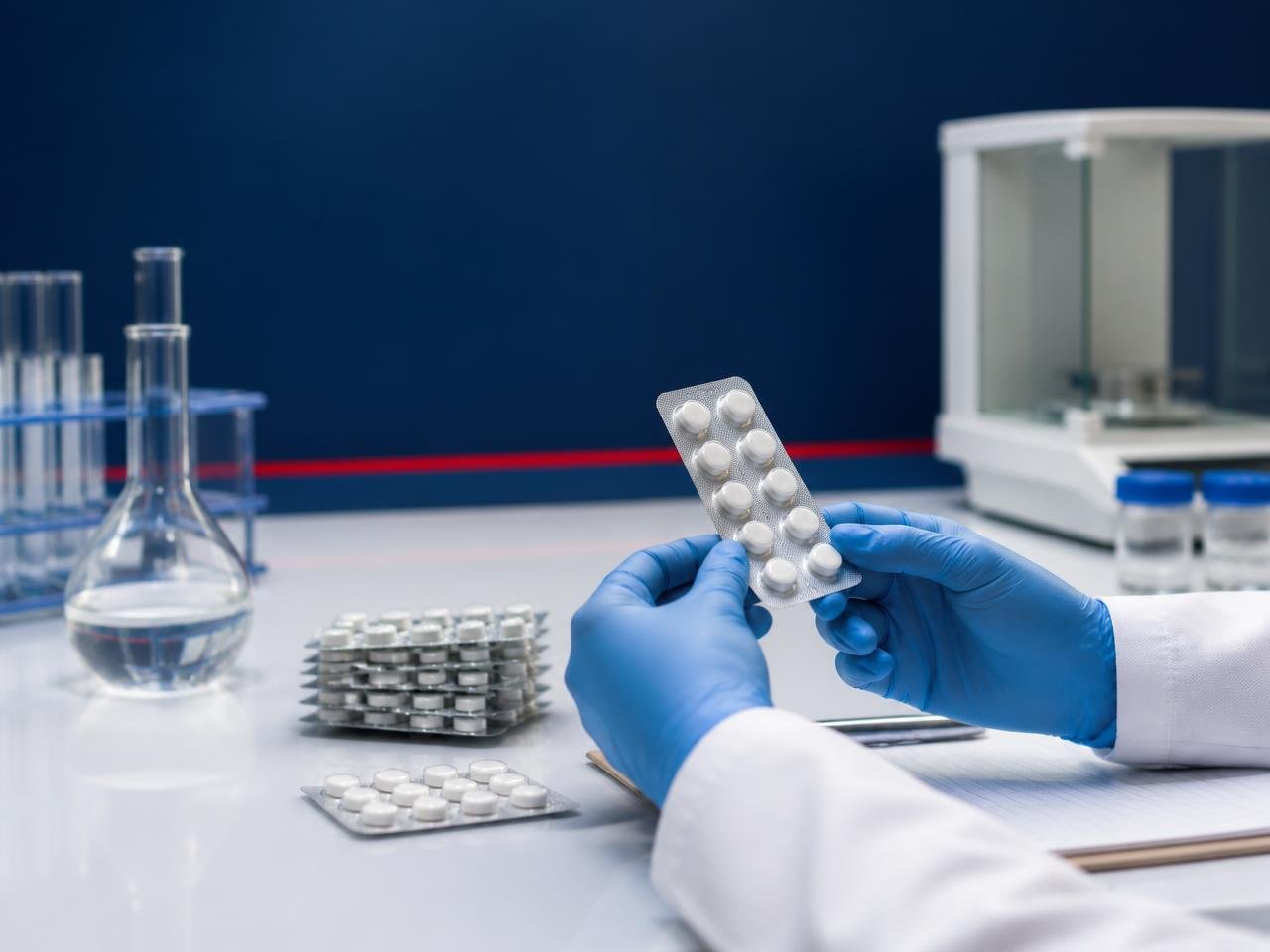 Pharmaceutical quality inspection — blister packs reviewed in a laboratory setting