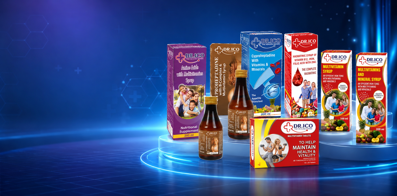 DoctorIco wellness and nutrition range — vitamin gummies and syrups with fresh fruit