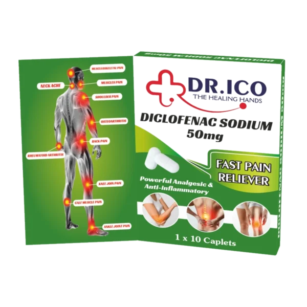DoctorIco Diclofenac Sodium 50mg Caplets Green Pack product packaging