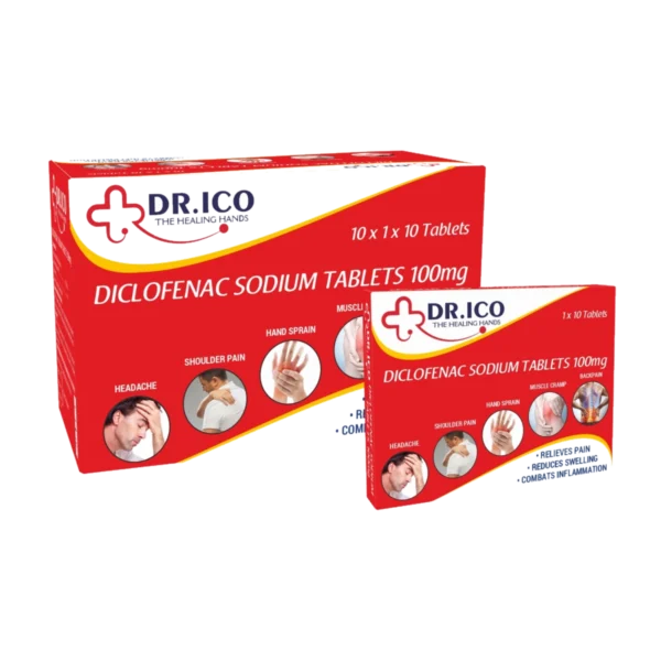 DoctorIco Diclofenac Sodium Tablets 100mg Red Box and Strip product packaging