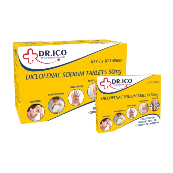 DoctorIco Diclofenac Sodium Tablets 50mg Yellow Box and Strip product packaging