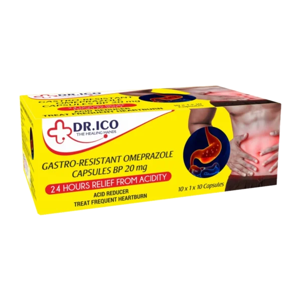 DoctorIco Gastro-Resistant Omeprazole Capsules BP 20mg product packaging