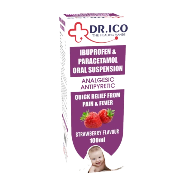 DoctorIco Ibuprofen and Paracetamol Oral Suspension 100ml Strawberry product packaging