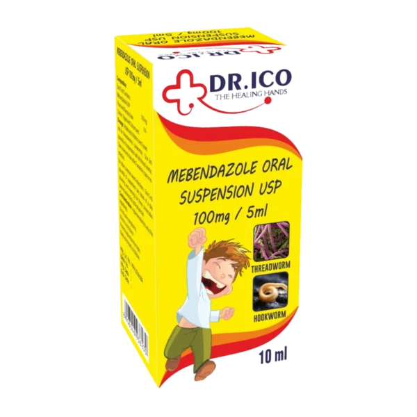 DoctorIco Mebendazole Oral Suspension USP 100mg/5ml 10ml product packaging