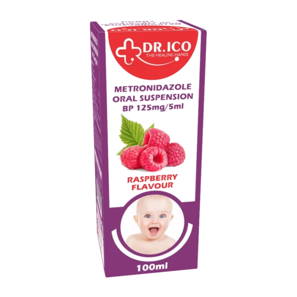DoctorIco Metronidazole Oral Suspension BP 125mg/5ml 100ml Raspberry product packaging