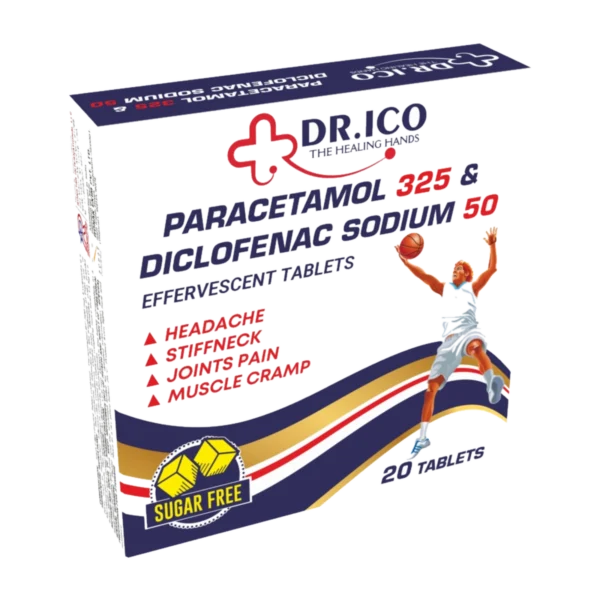 DoctorIco Paracetamol 325mg and Diclofenac Sodium 50mg Effervescent Tablets product packaging