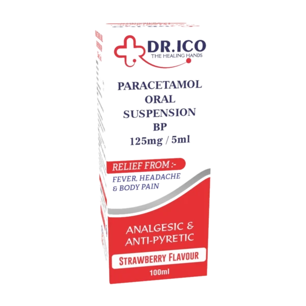 DoctorIco Paracetamol Oral Suspension BP 125mg/5ml 100ml Strawberry Red Pack product packaging